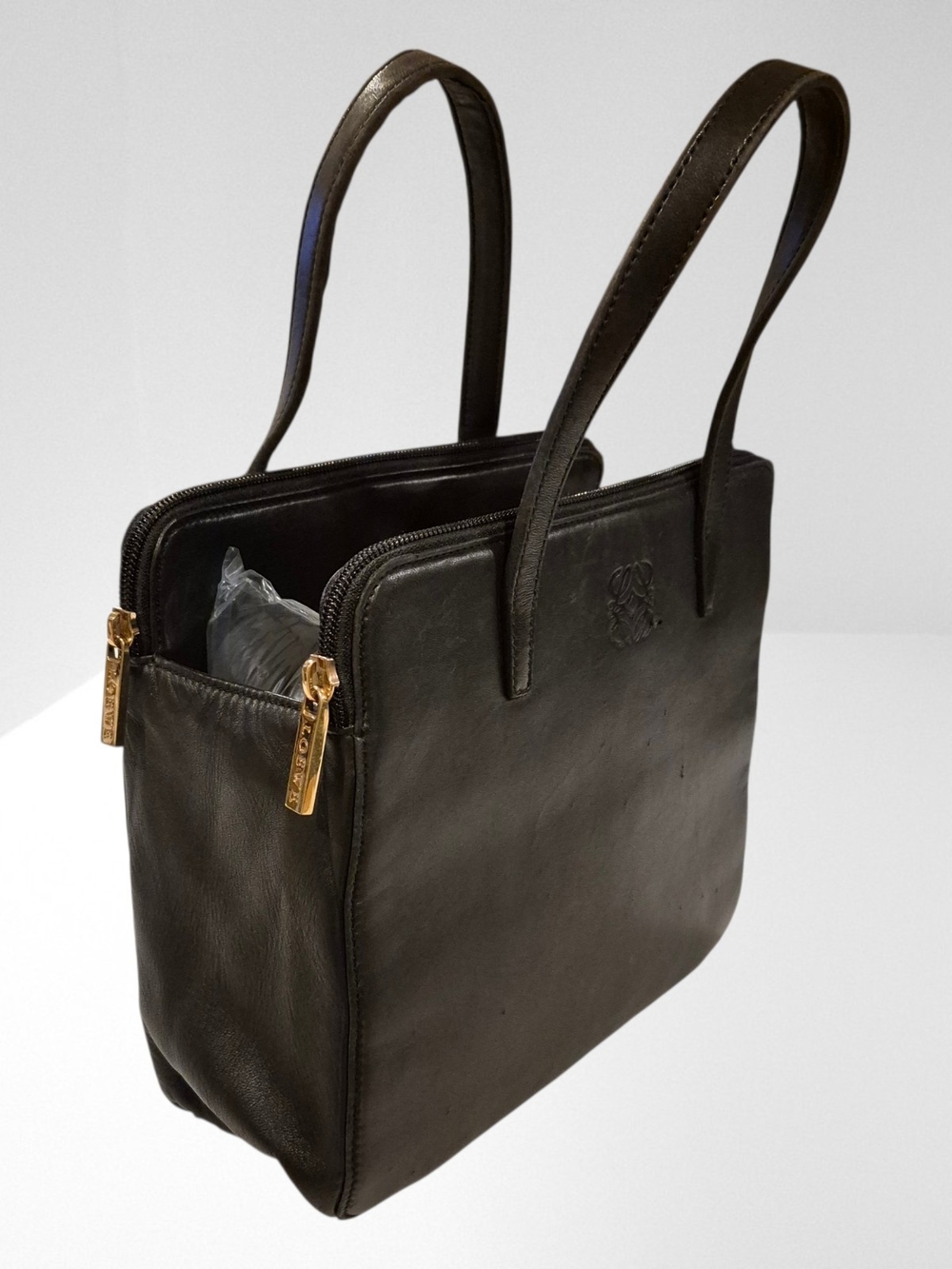 Vintage Loewe Anagram Multi Compartment Black Leather Handbag
